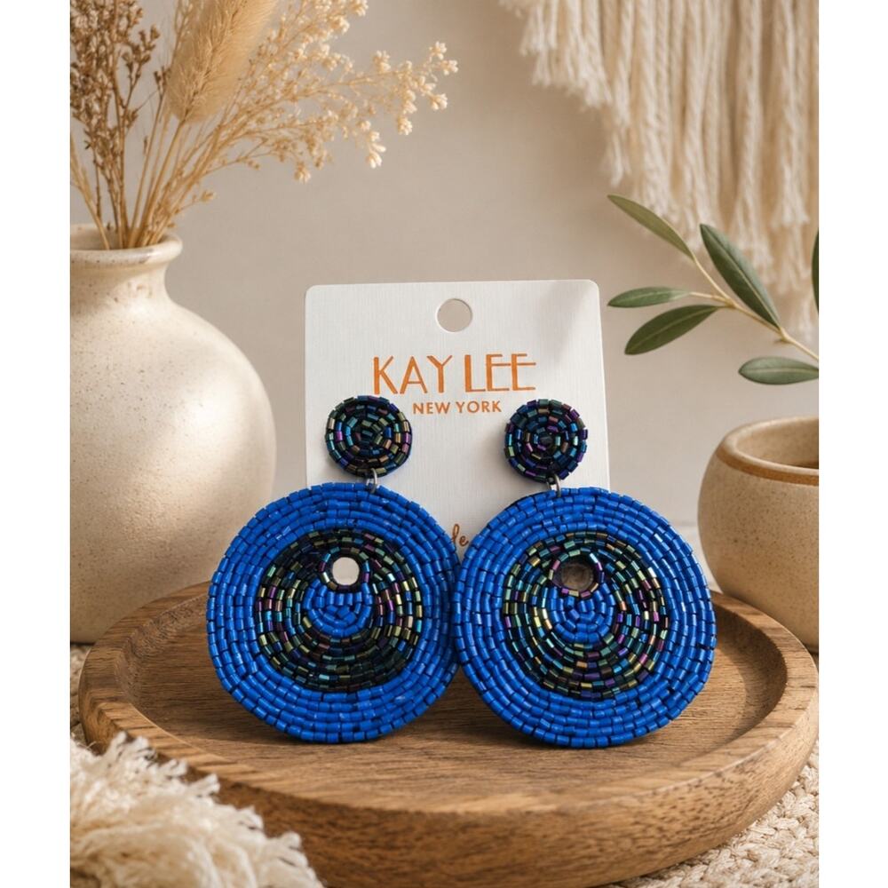 Kay Lee Blue Round Beaded Earrings New